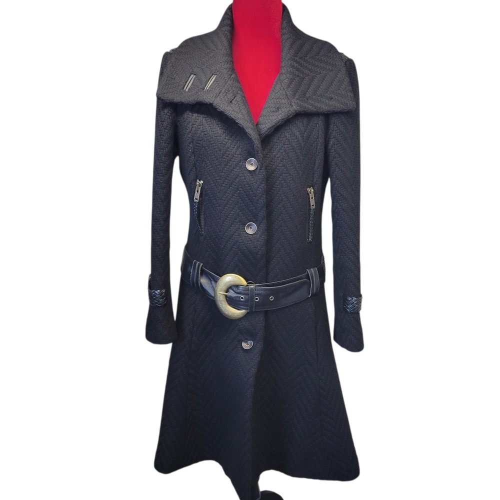 Mackage Black Herringbone Virgin Wool Belted Funnel Neck Coat Made in Canada Med